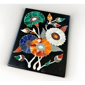 Black Marble Trinket Box Dura Floral Inlay Design 3.25x4